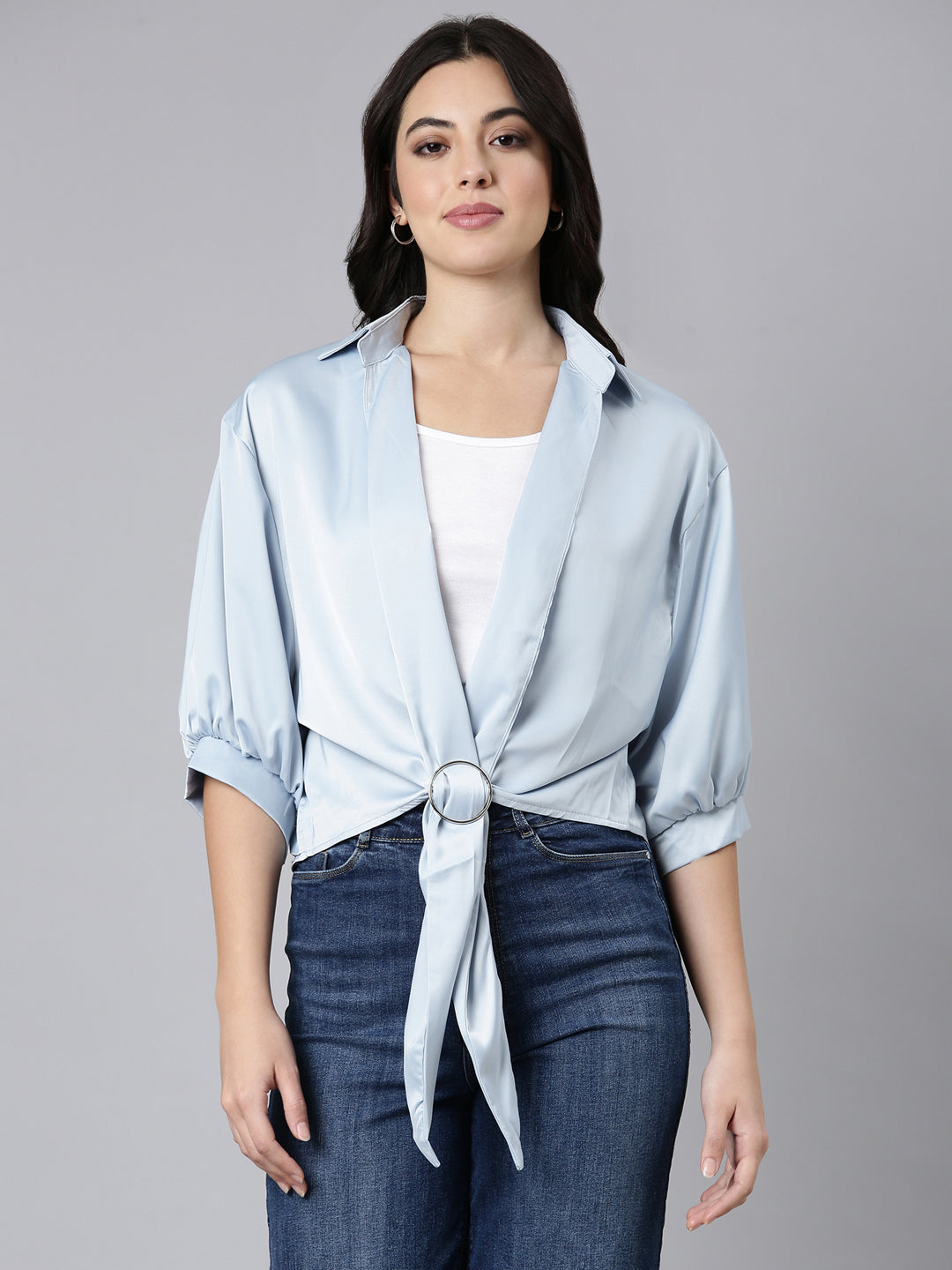 Women's Blue Puff Sleeve Satin Shirt Style Top