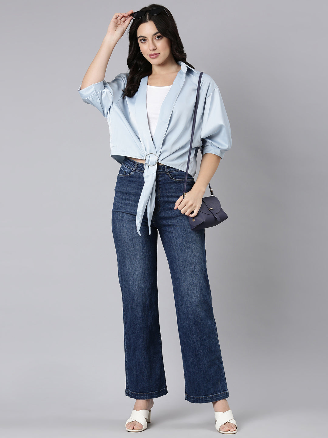 Women's Blue Puff Sleeve Satin Shirt Style Top