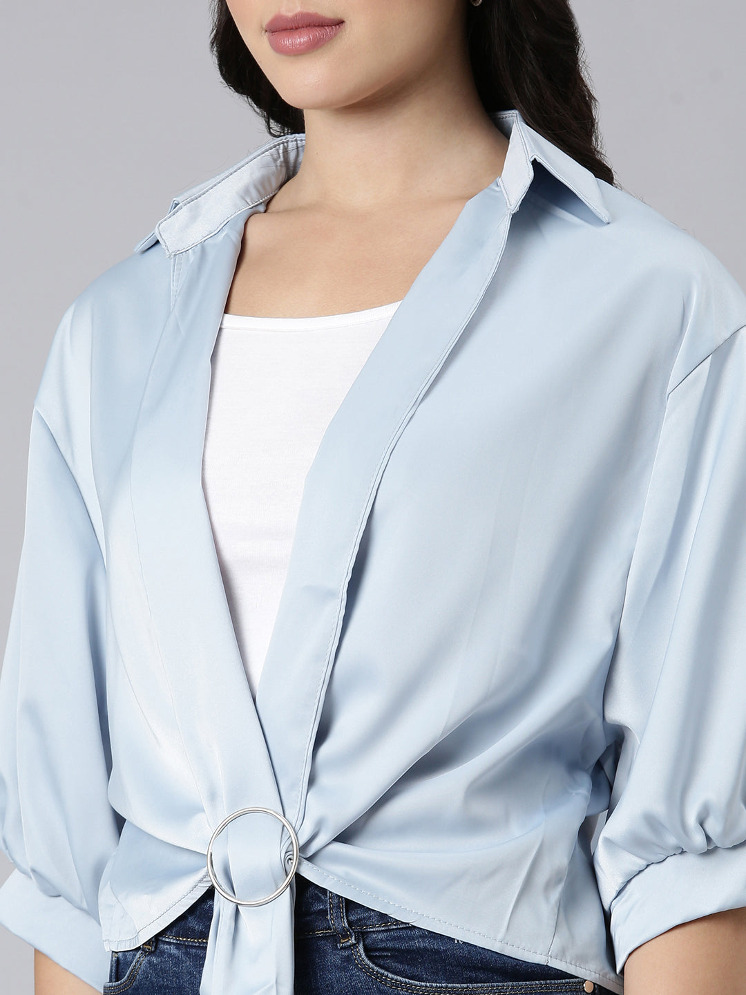 Women's Blue Puff Sleeve Satin Shirt Style Top