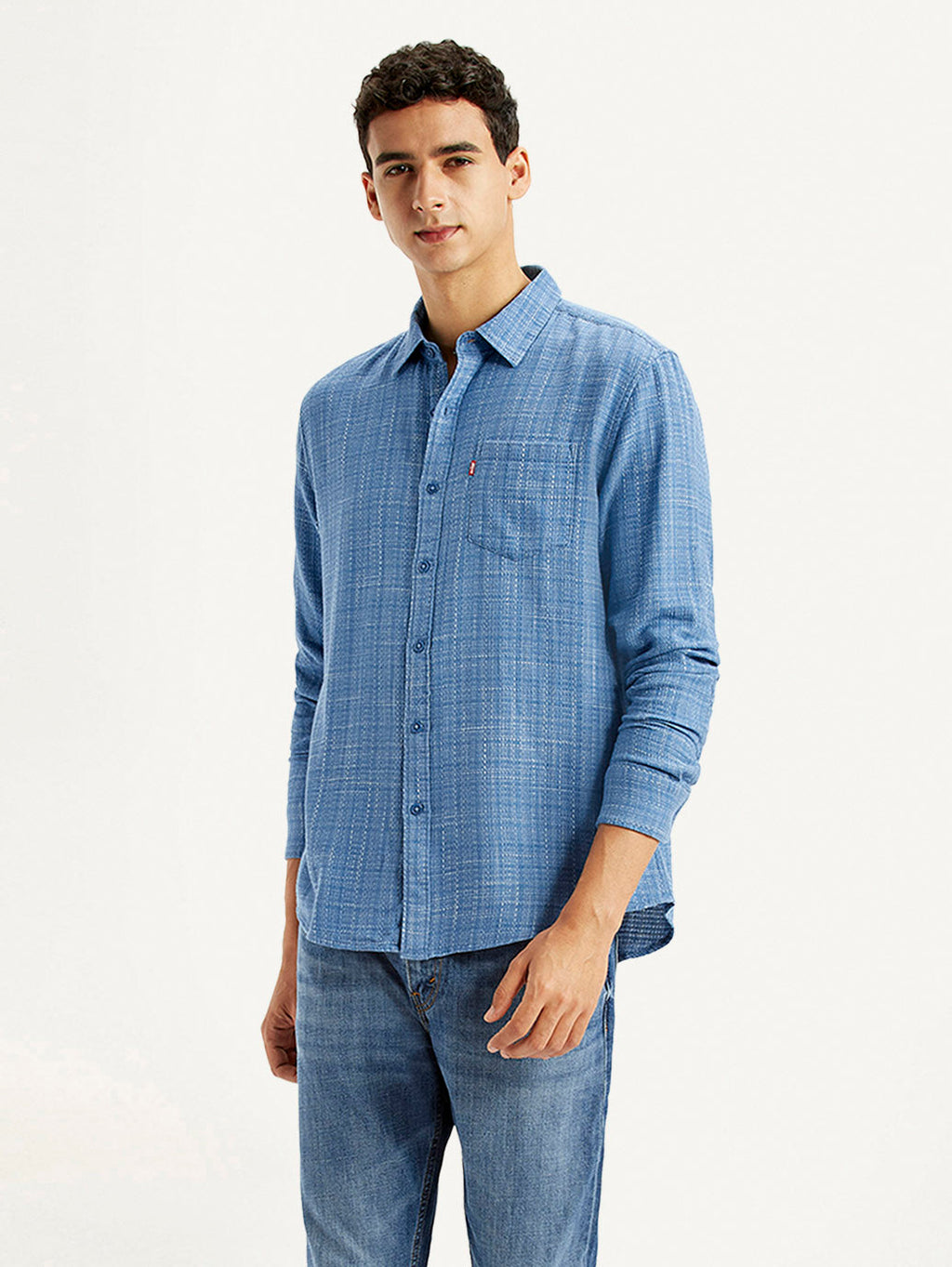 Men's Self Design Blue Slim Fit Shirt
