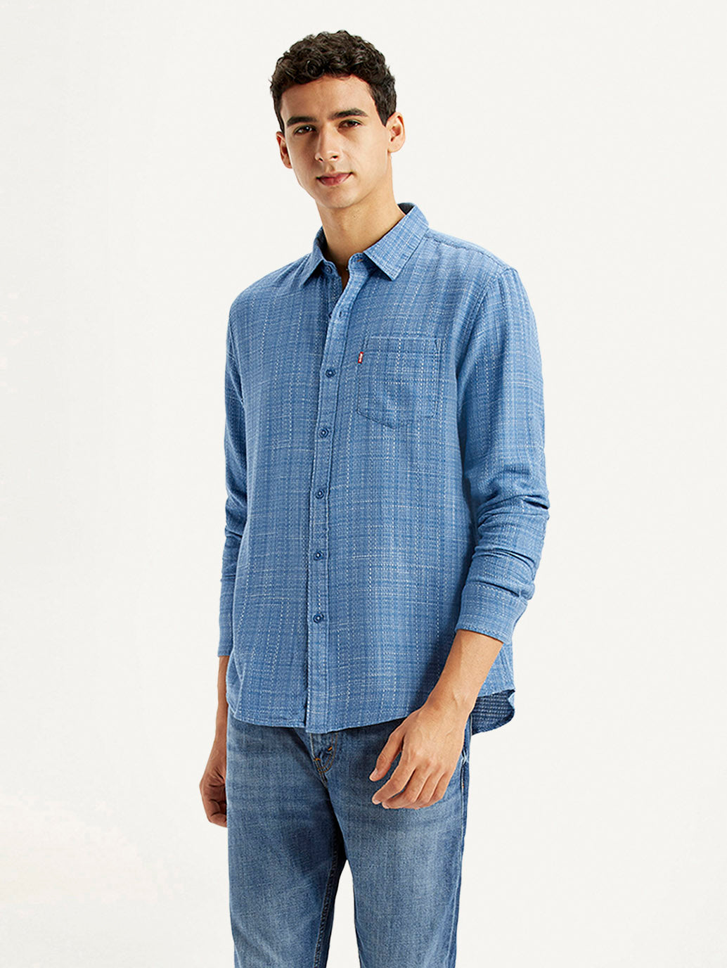 Men's Self Design Blue Slim Fit Shirt