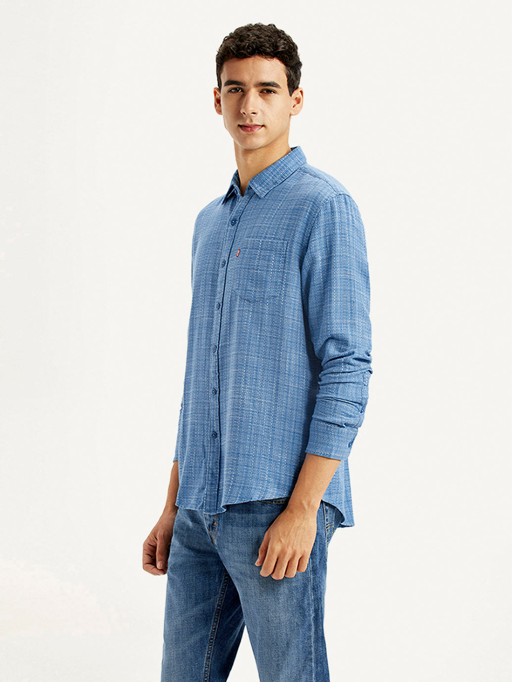 Men's Self Design Blue Slim Fit Shirt