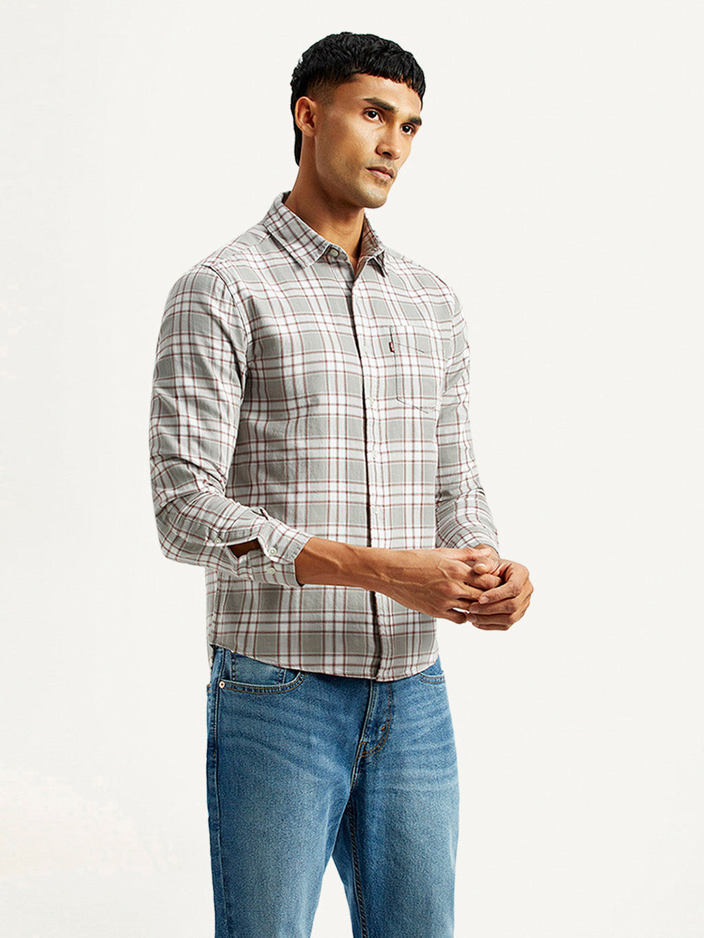 Men's Checkered Light Grey Slim Fit Shirt
