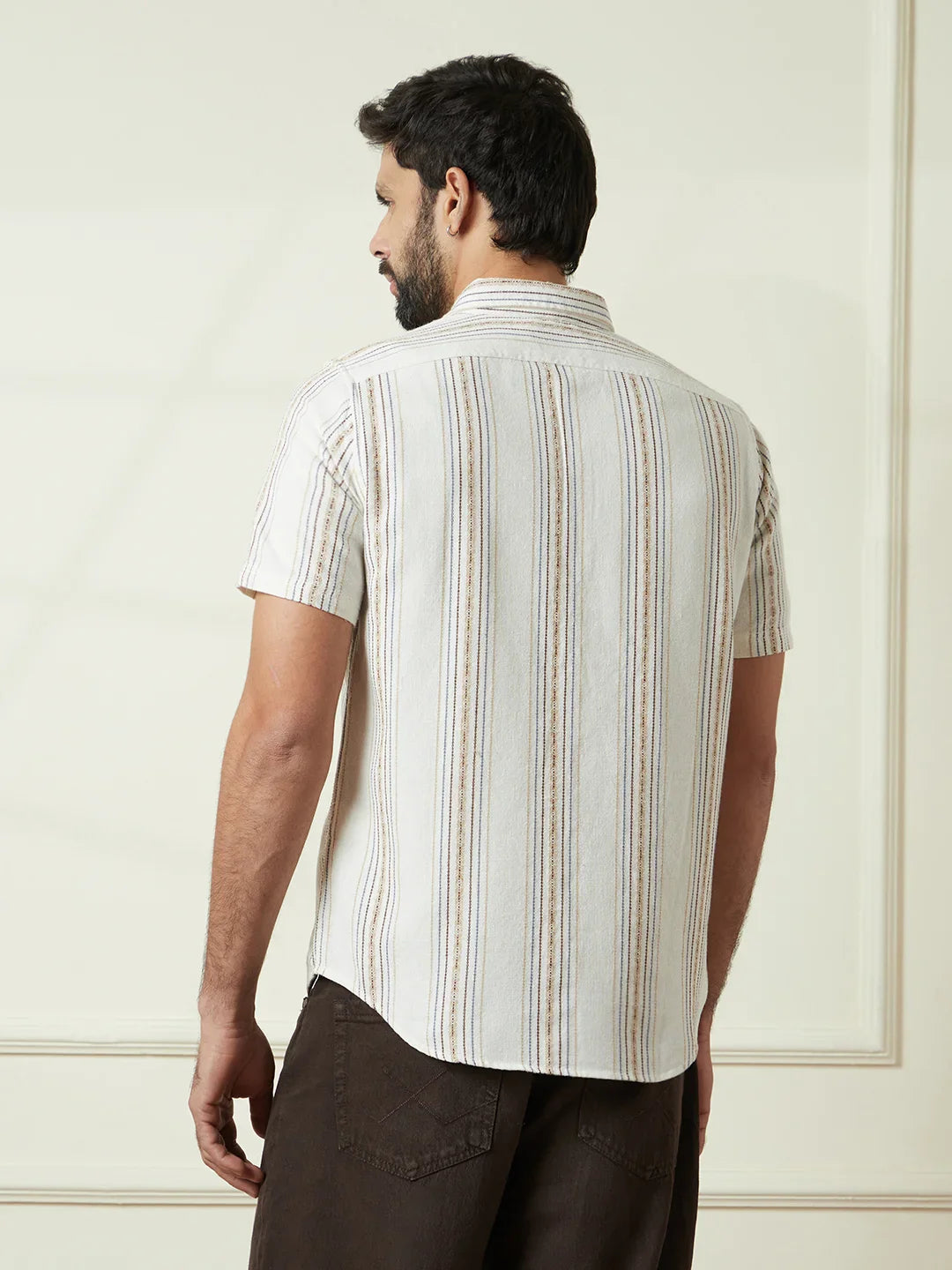 Striped Short Sleeve Textured Shirt  | Off White