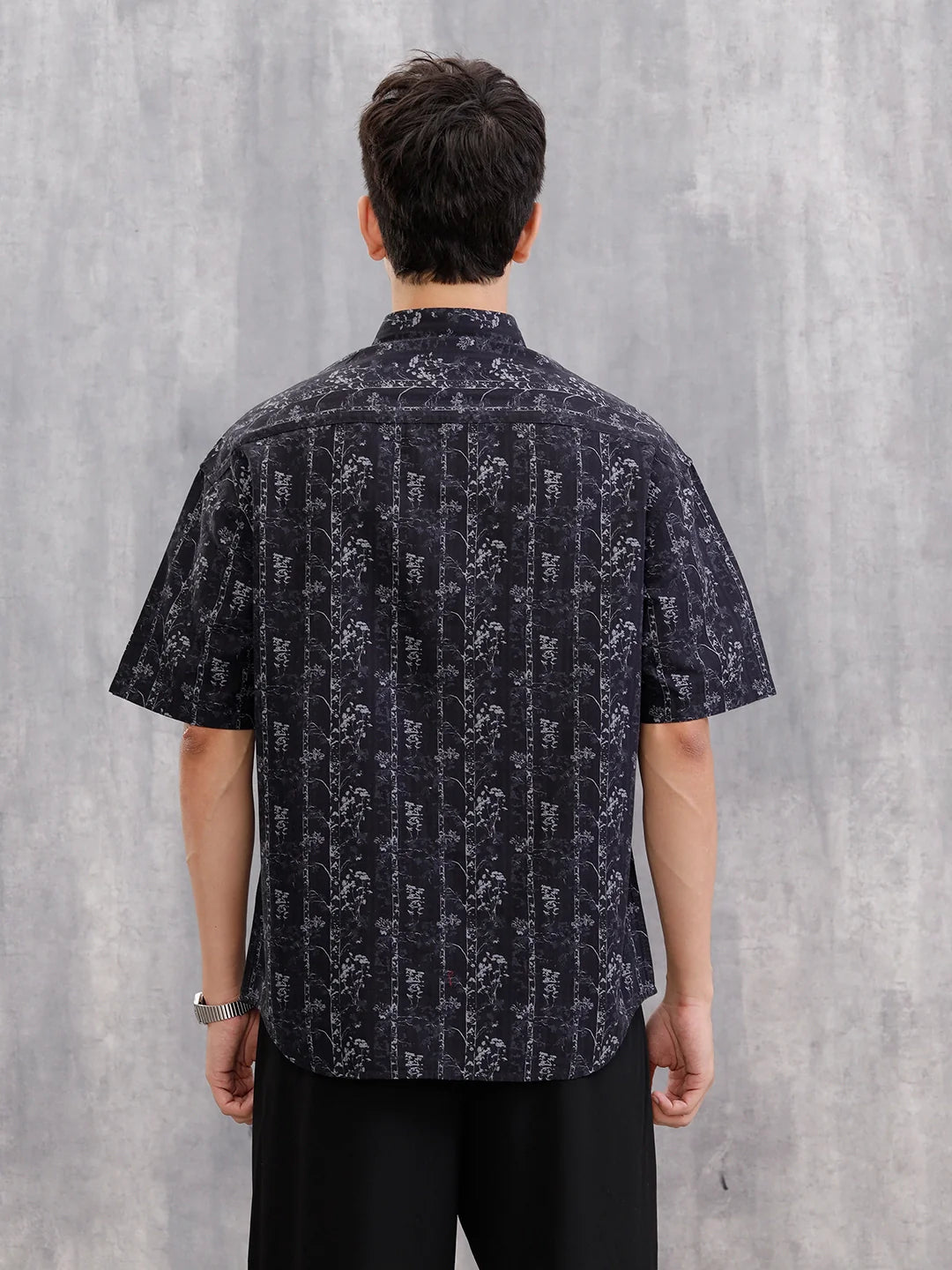 Nature Inspired 100% Cotton Aop Printed Oversized Shirt  |  Black