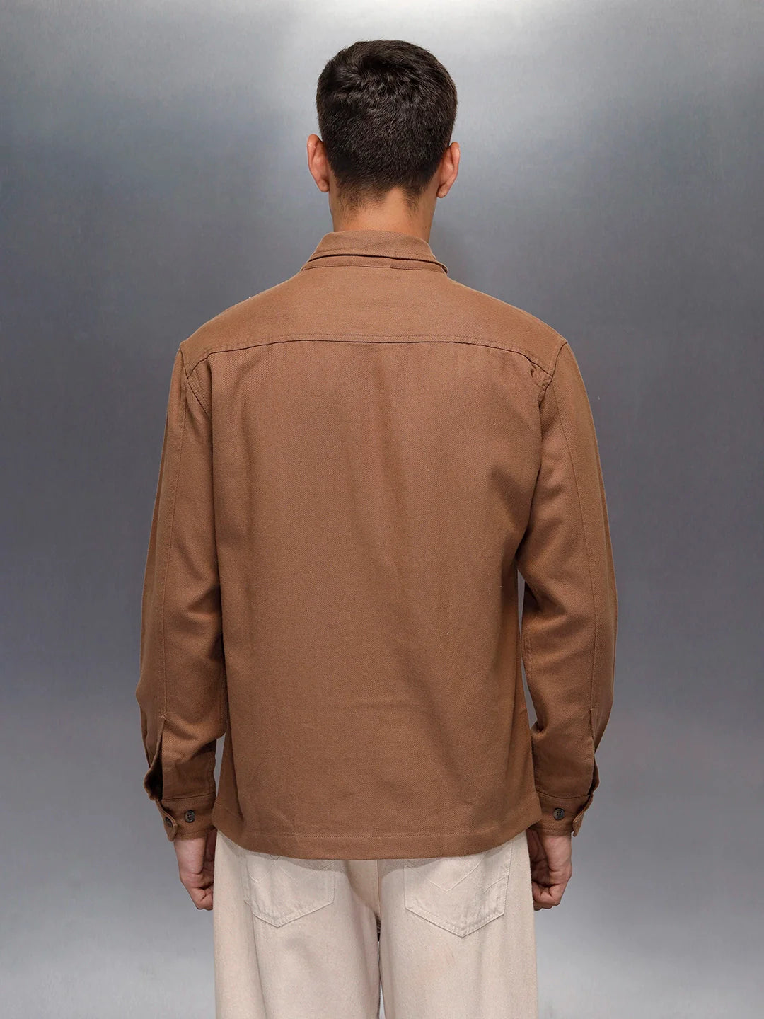 Men's casual front zipper double pocket shacket | Brown