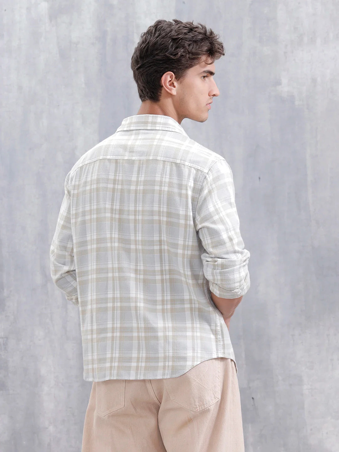 Men Checkered Pattern Comfort Fit Shirt  | Beige