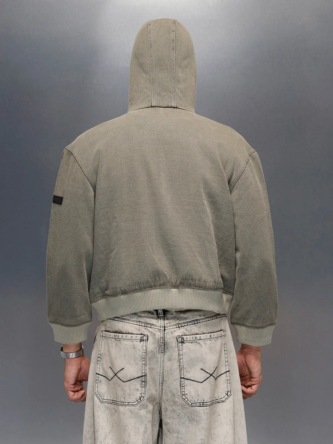 men's casual oversized crop fit front zipper hooded jacket | Olive