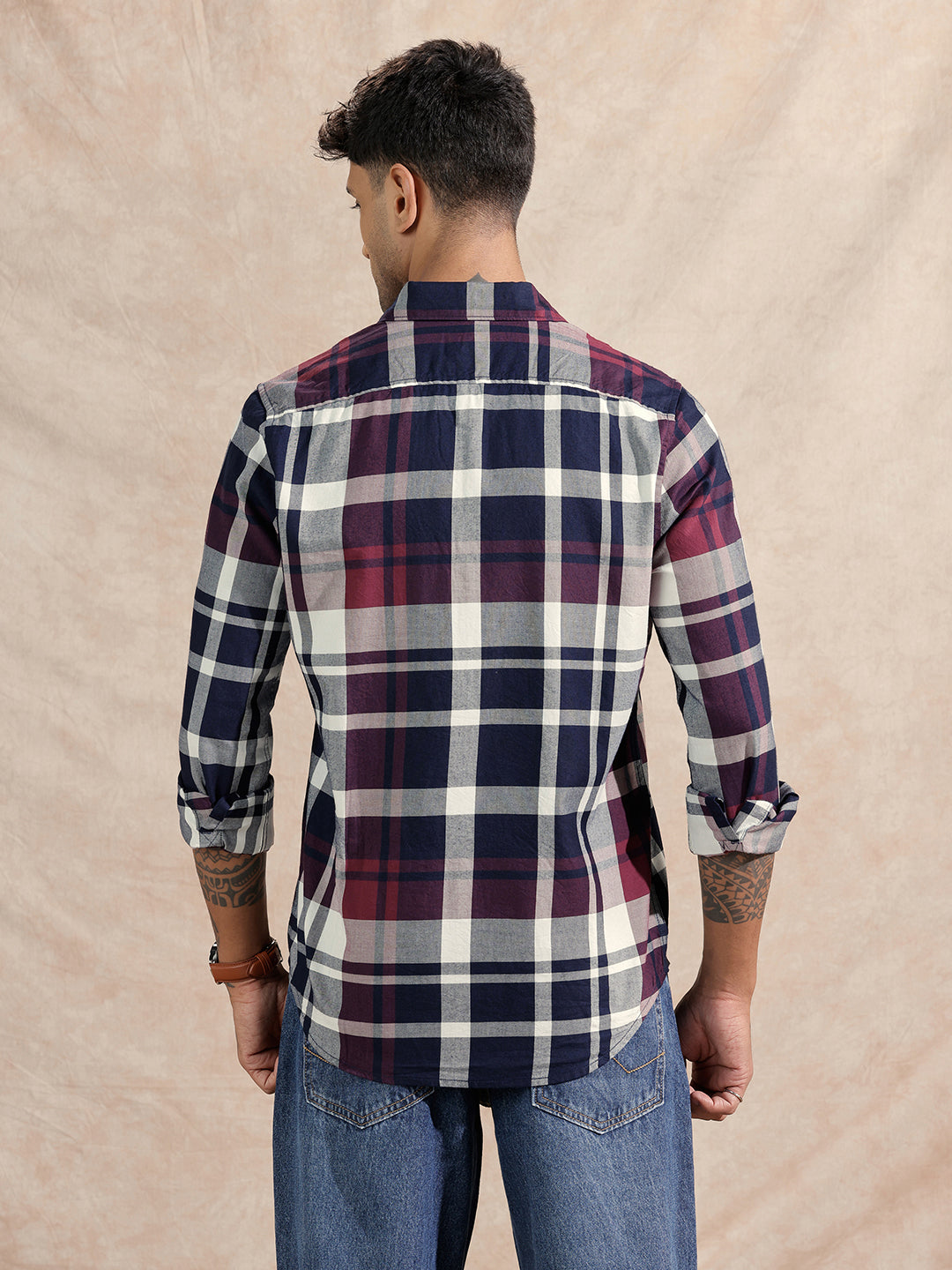 Checked Twill Slim Fit Shirt | Maroon
