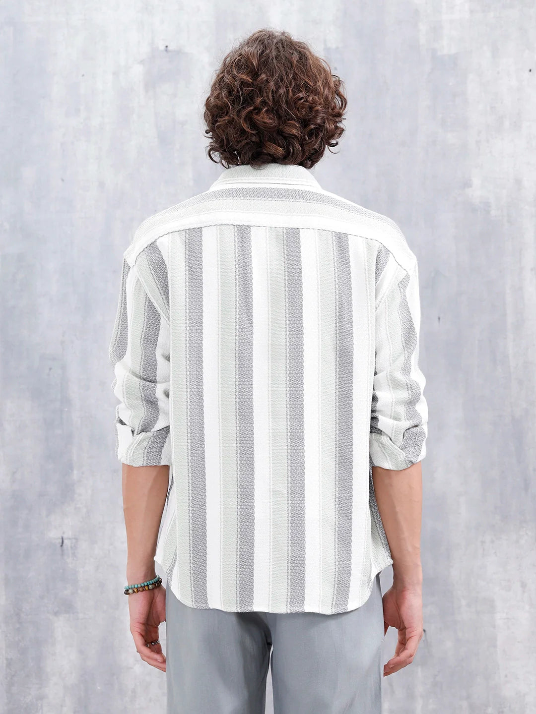 Textured Striped Double Pocket Oevrsized Fit Shirt | Green