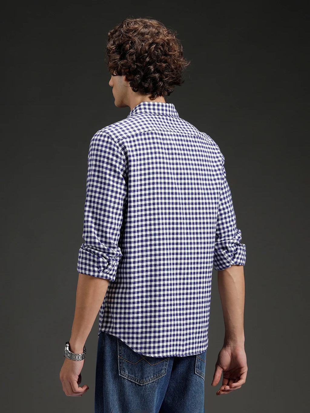 Wrogn Men's Classic Gingham Checked Shirt  | Navy Blue