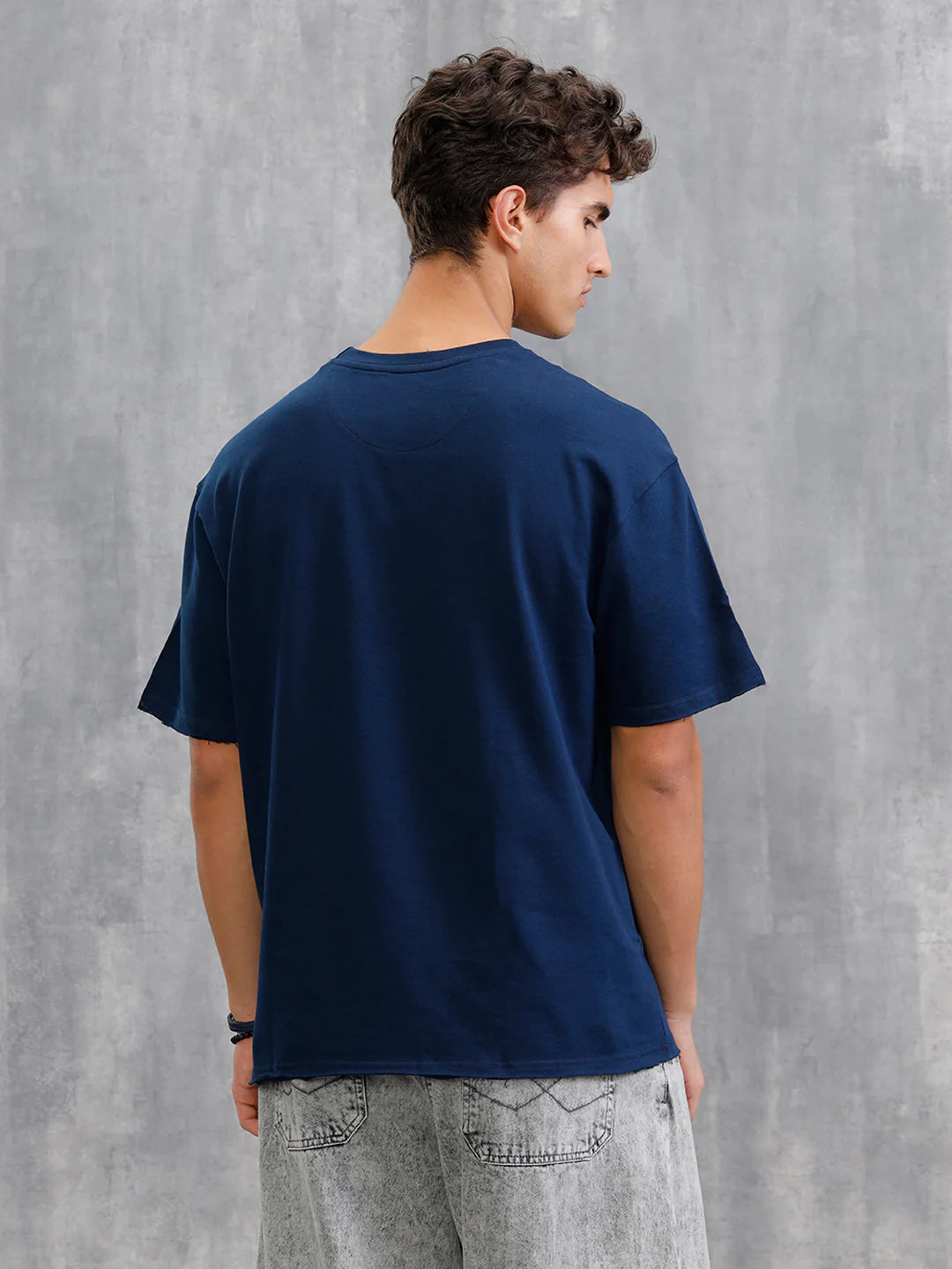Solid Oversized T-Shirt With Printed Canvas Patch And Raw Edge Detail  | Navy Blue