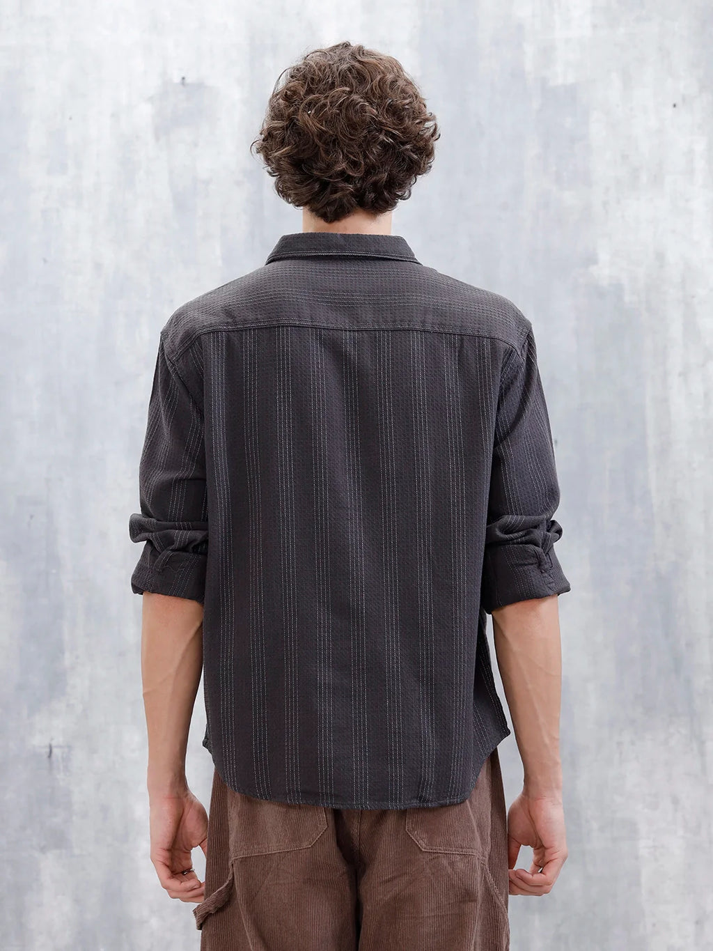 Wrogn Men's Self Stripe Structured Shirt  | Dark Grey