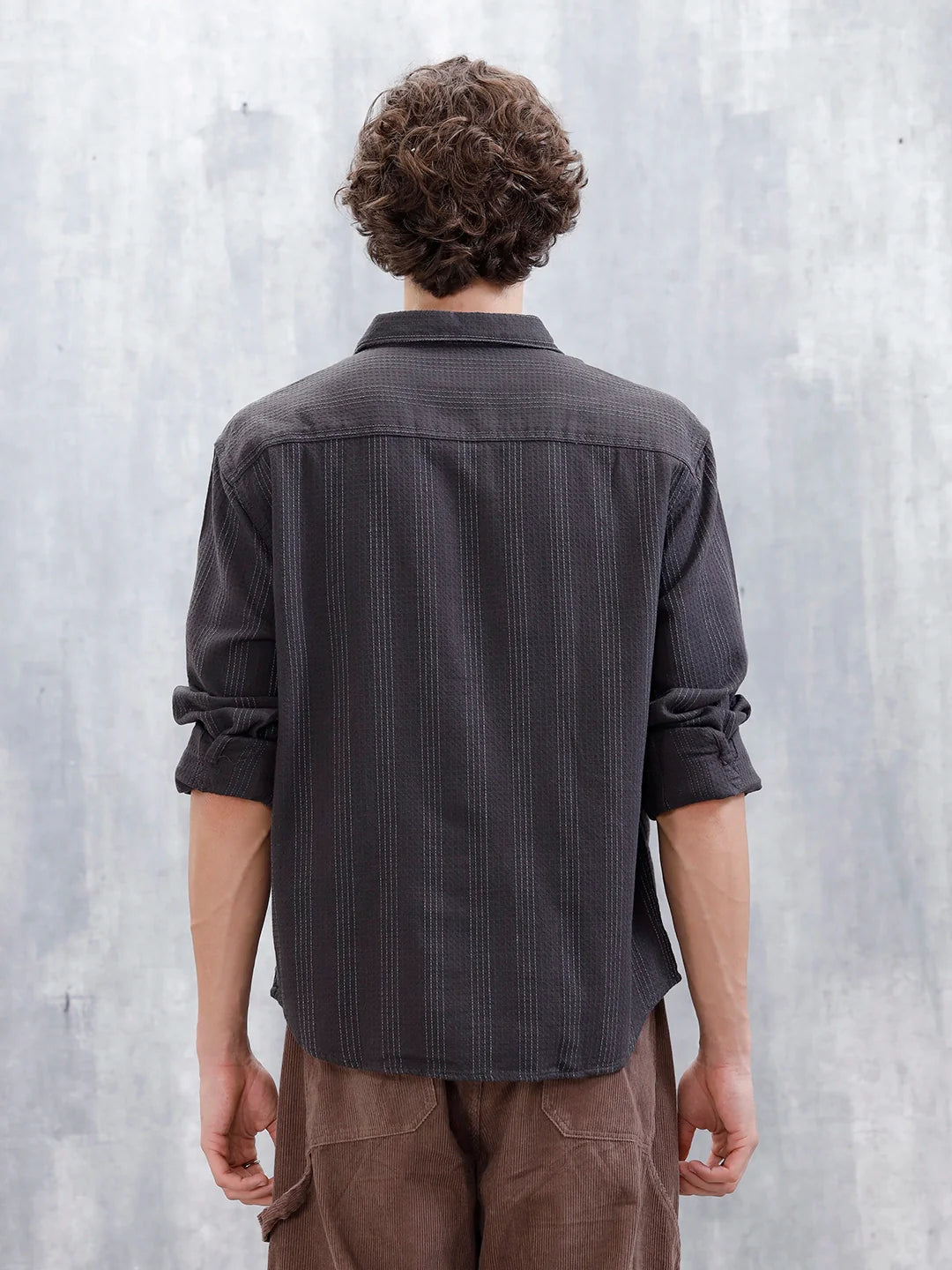 Wrogn Men's Self Stripe Structured Shirt  | Dark Grey