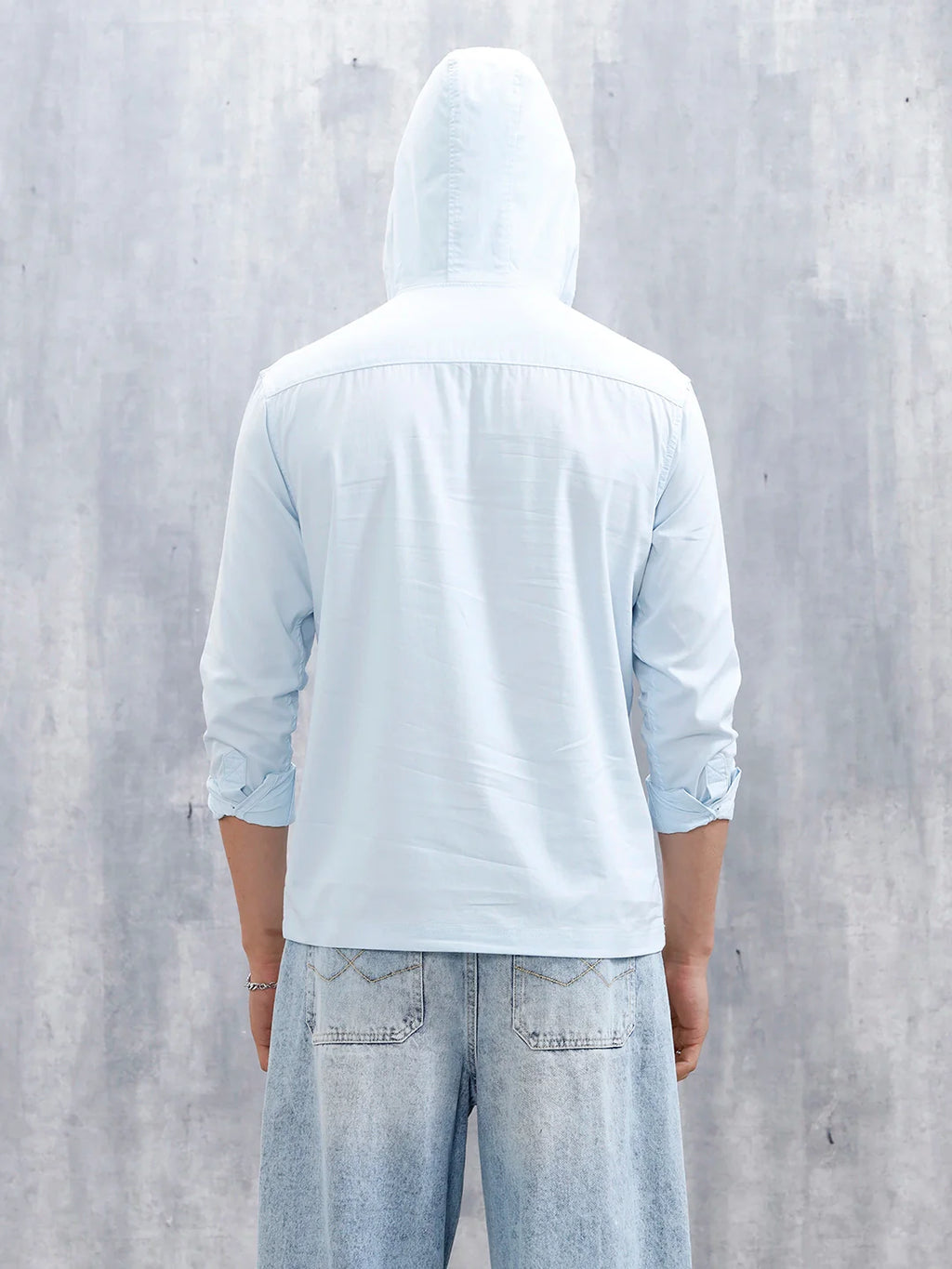 Wrogn Men's Casual Hooded Henley Shirt | Light Blue