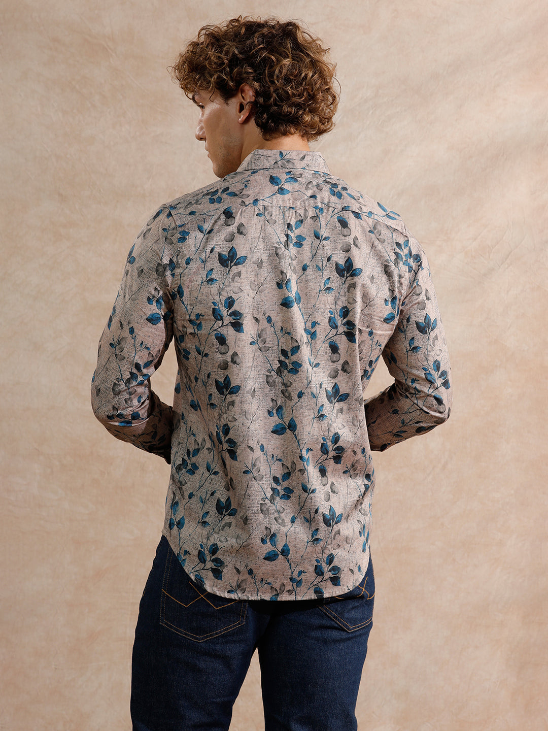 Printed Satin Slim Fit Shirt | Khaki
