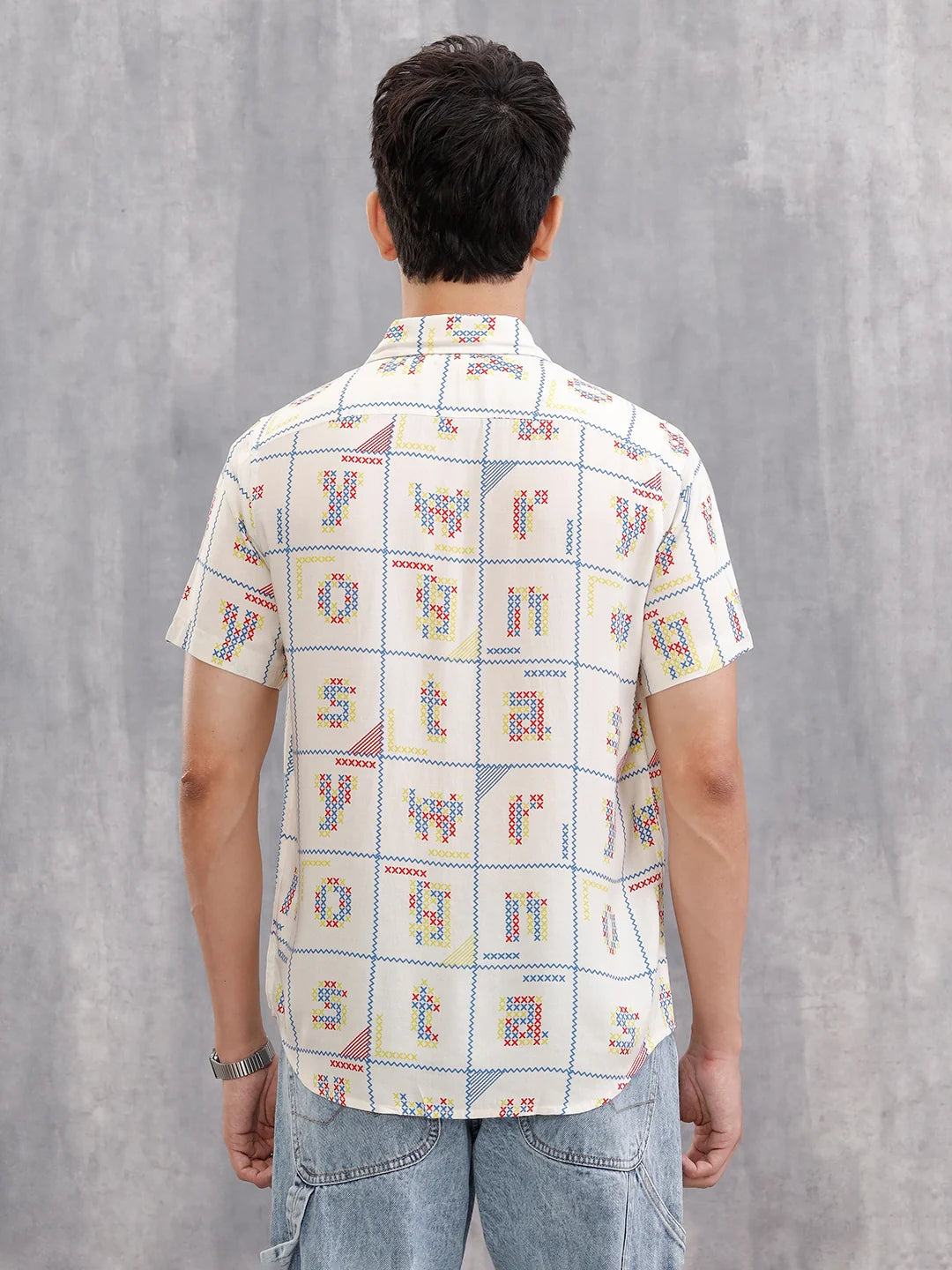 Fluid Viscose Shirt With Cross Stitch Inspired Aop  |  White