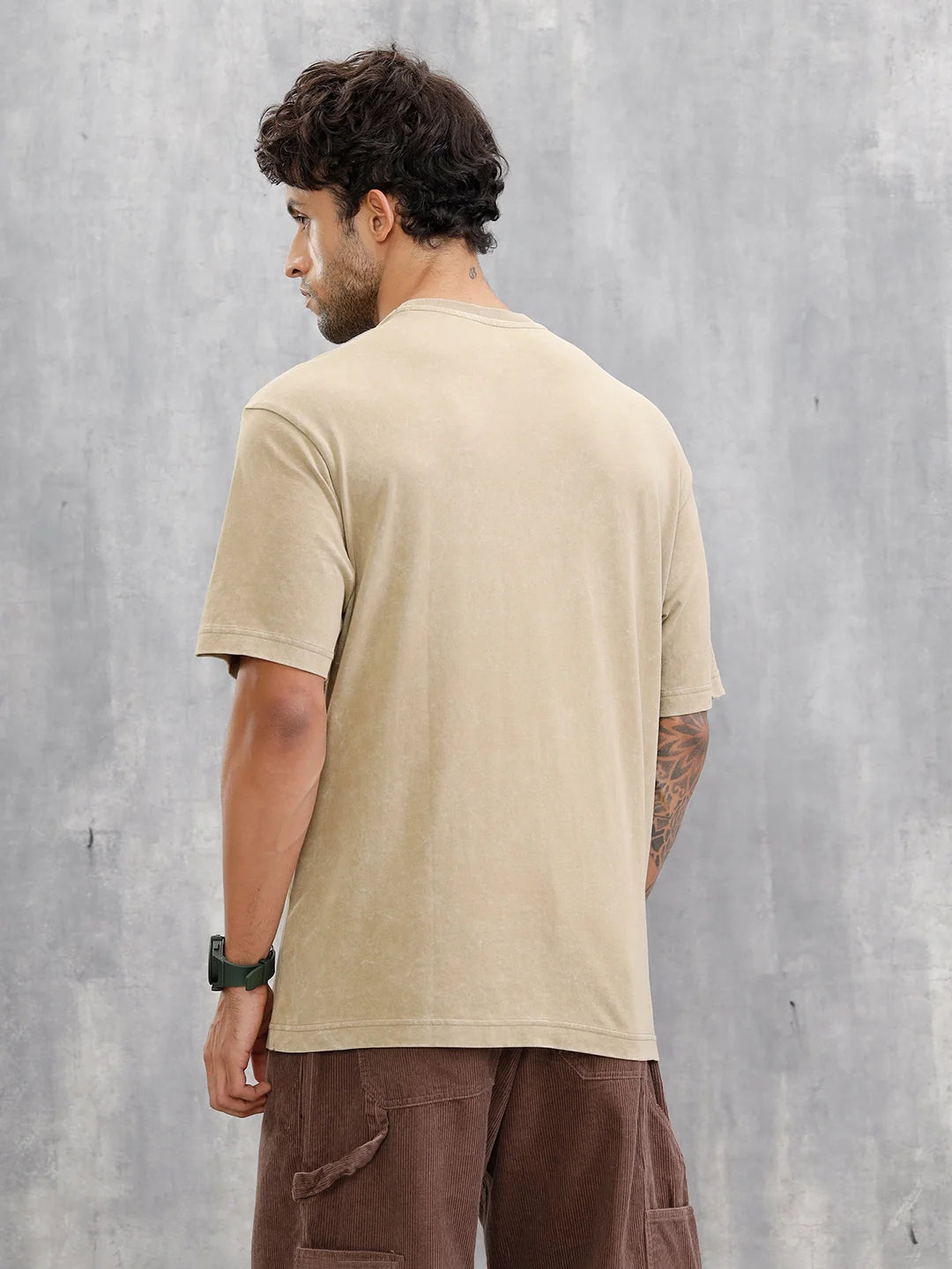 Acid Wash Oversized Fit T-shirt With Embroidery | Khaki