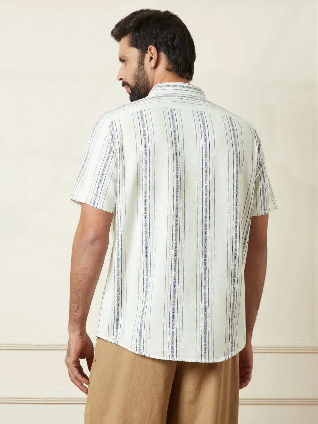 Textured Short Sleeve Striped Shirt  | Off White
