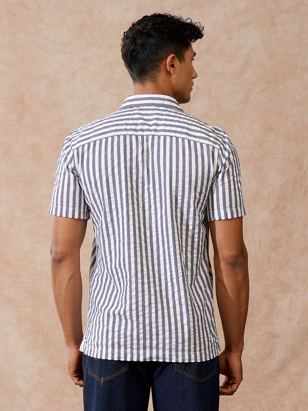 Textured Stripes Resort Collar Shirt | Off White