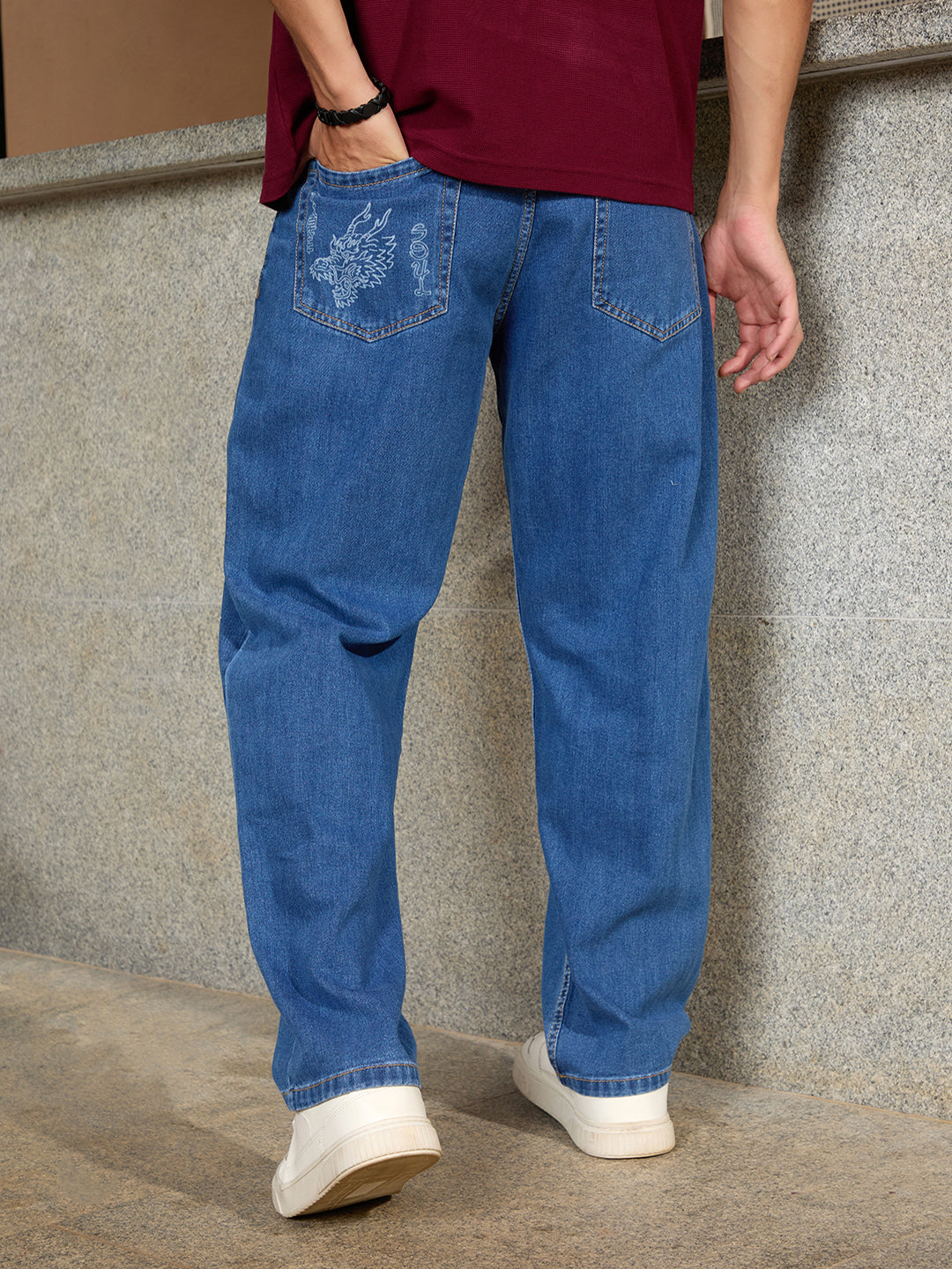 Laser Print Loose Fit Jeans | Blue