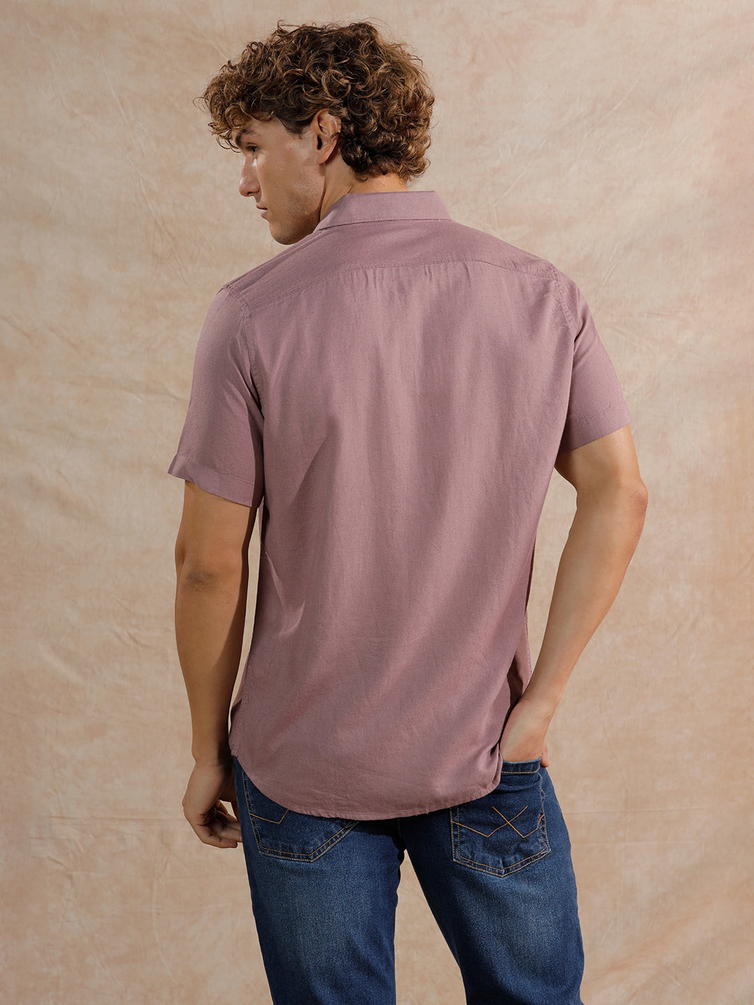 Solid Linen Blend Slim Fit Shirt | Dark Pink