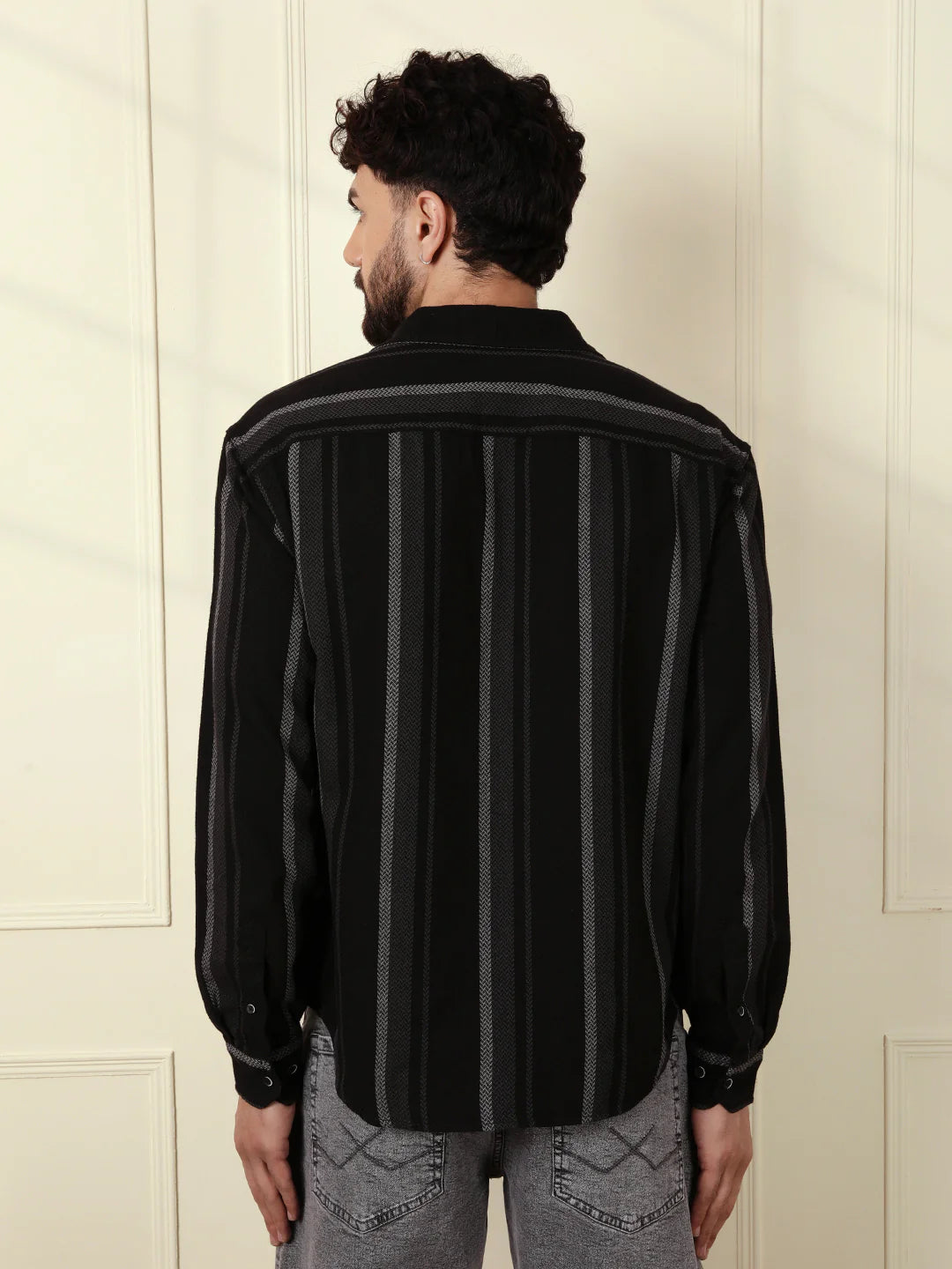 Textured Stripes Comfort Fit Shirt | Black