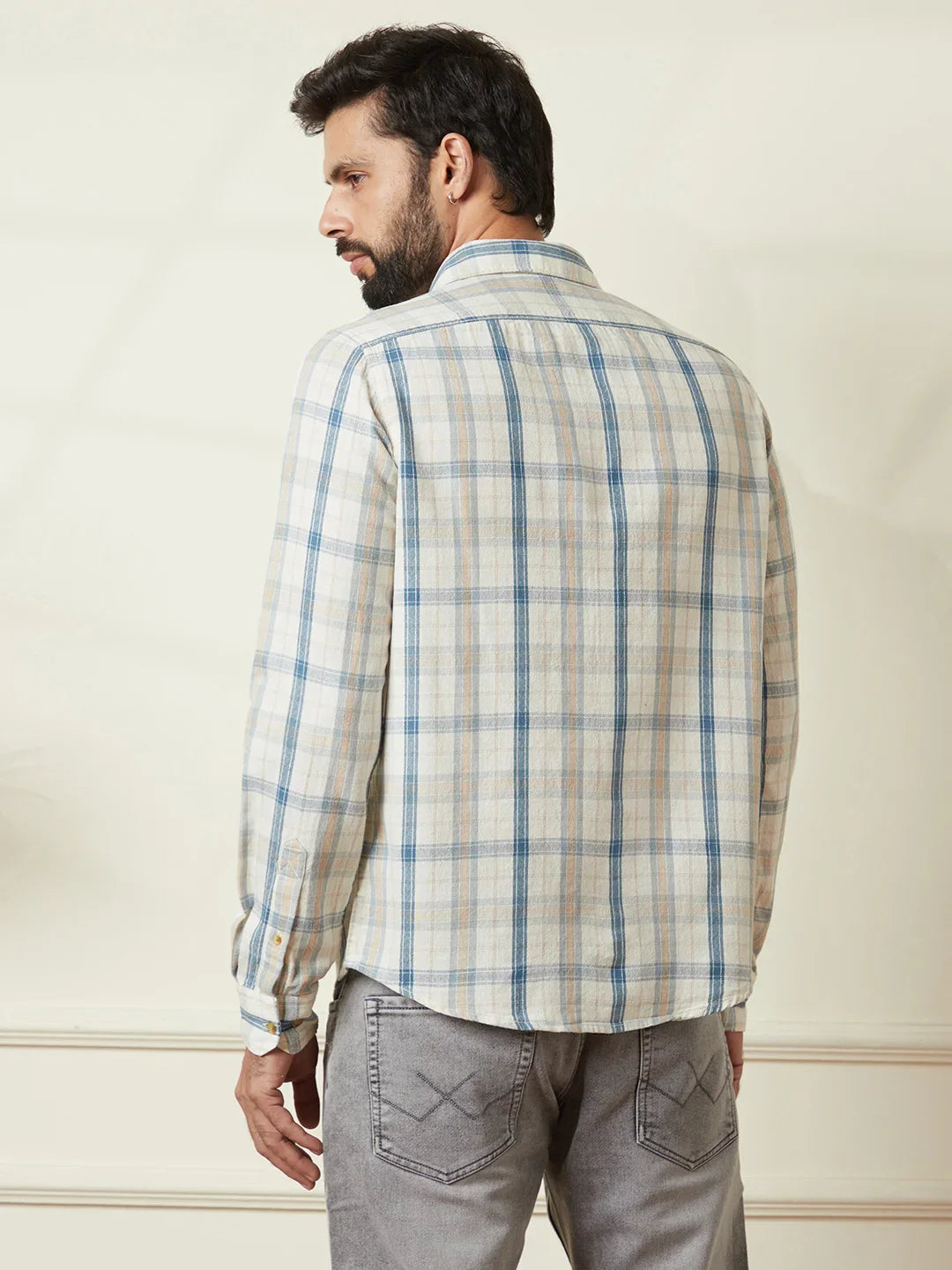 Checked Slim Fit Textured Shirt | Off White