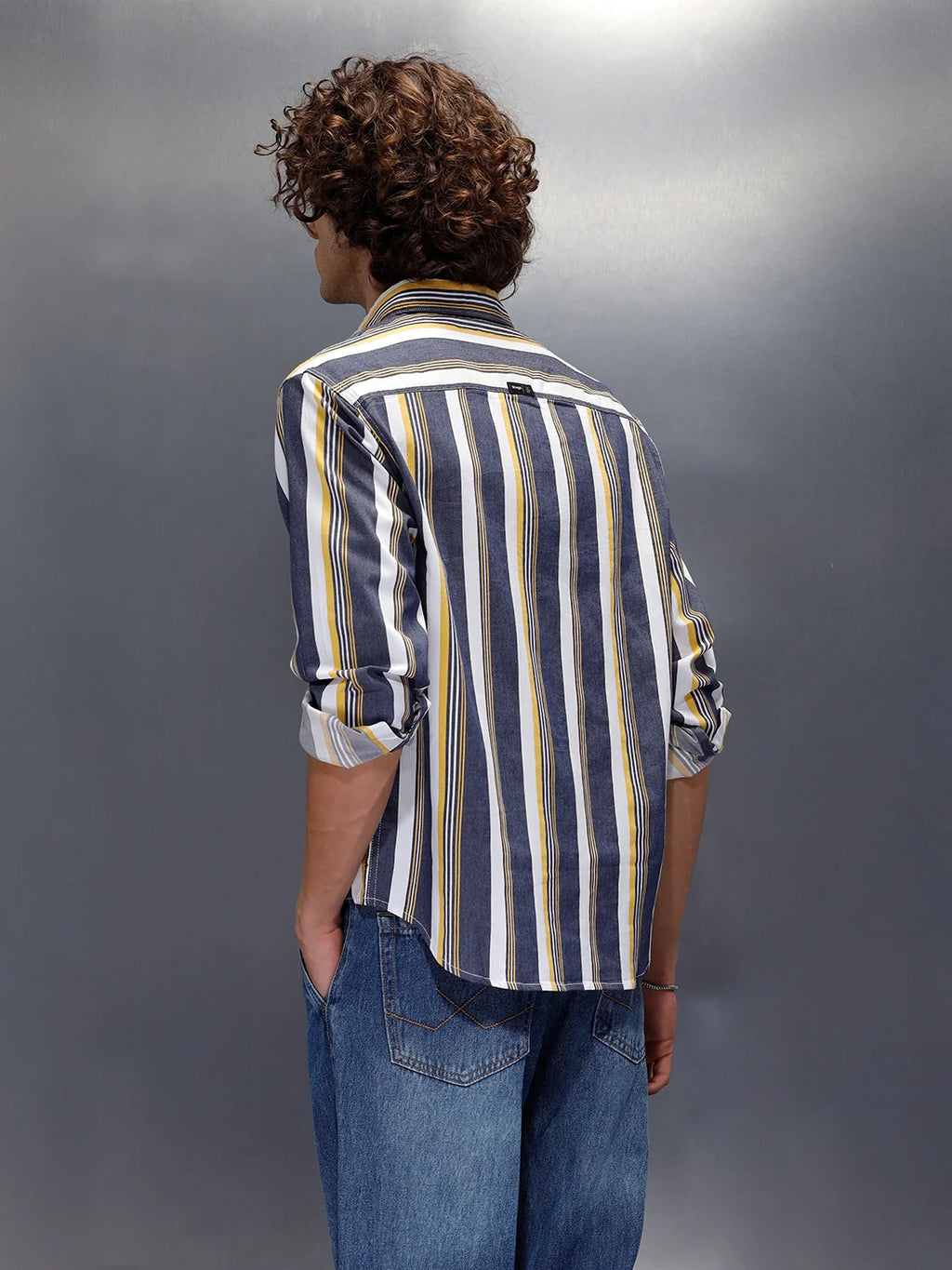 Vibrant Striped Comfort Fit Shirt With Branding  | Navy Blue