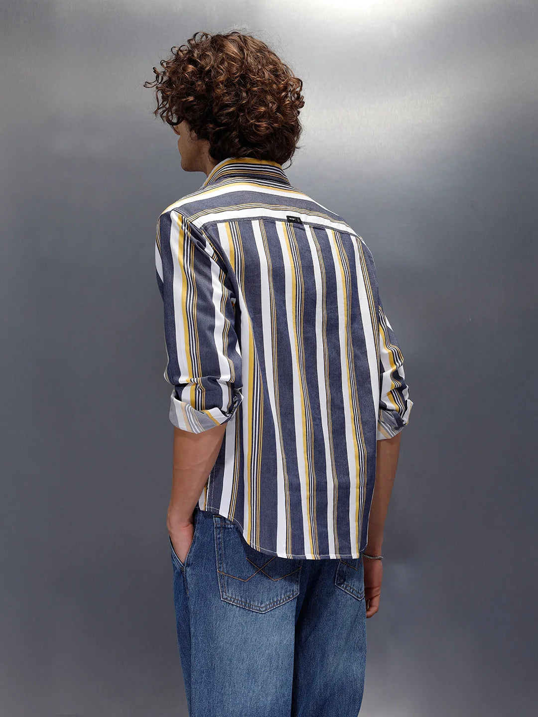 Vibrant Striped Comfort Fit Shirt With Branding  | Navy Blue