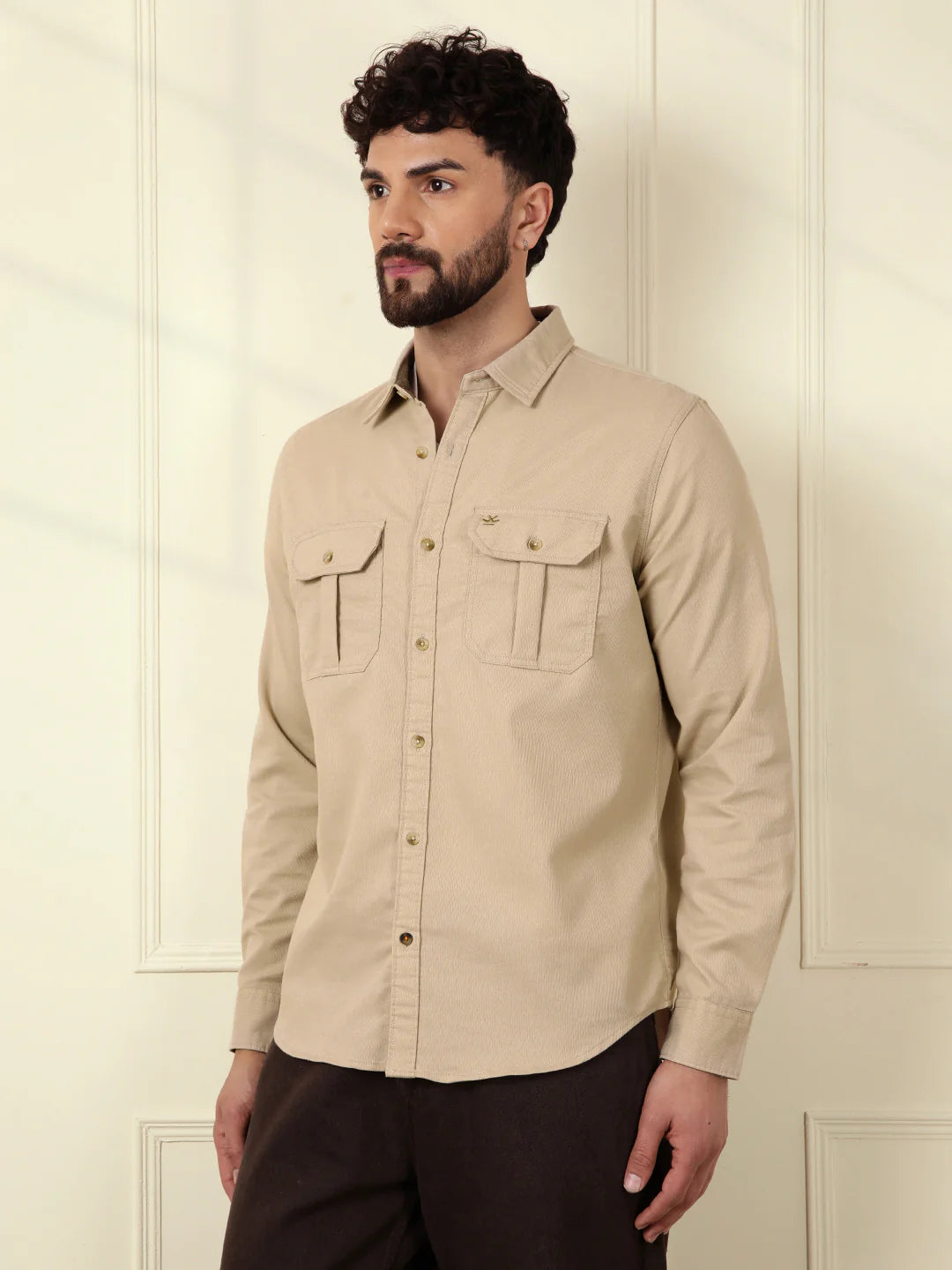 Fine Corduroy Slim Fit Shirt | Beige
