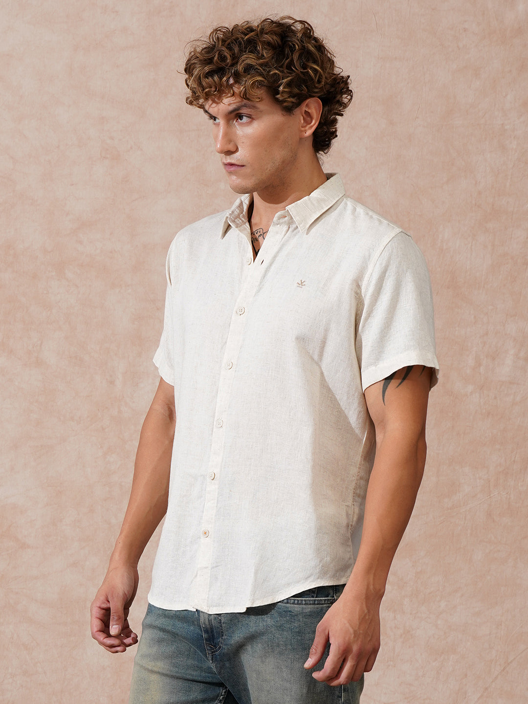 Solid Linen Blend Slim Fit Shirt | Ecru