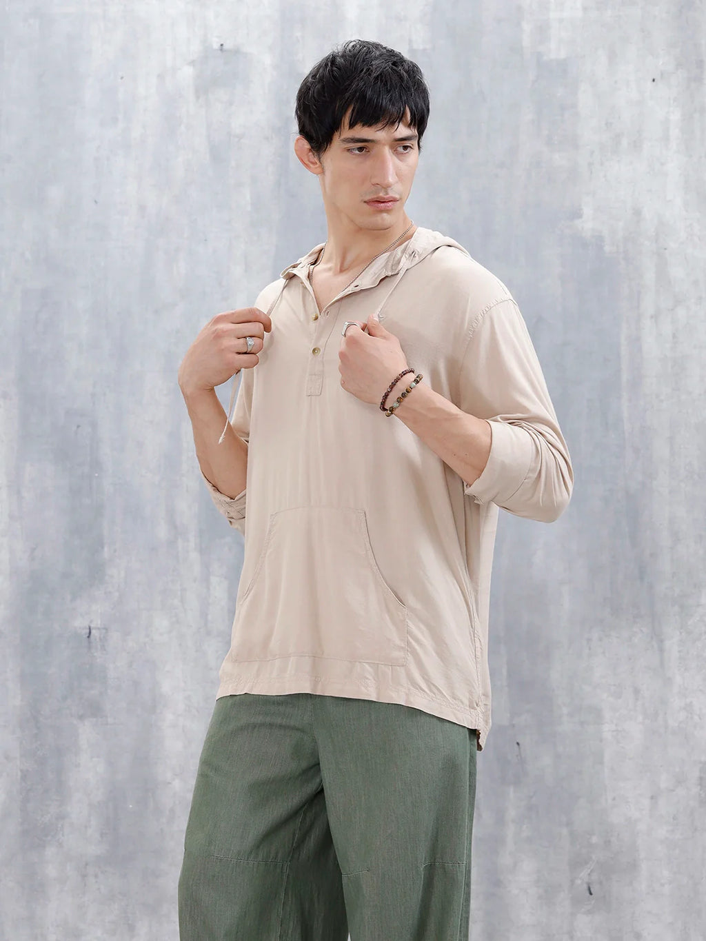 Wrogn Men's Casual Hooded Henley Pullover For Men's | Khaki