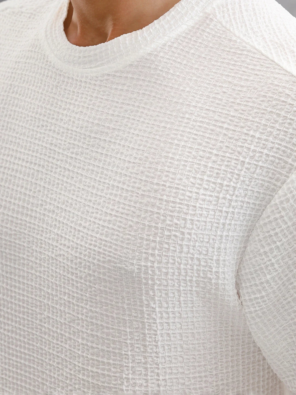 Honeycomb Textured Knit Crew Neck Pullover In Oversized Fit  |  White