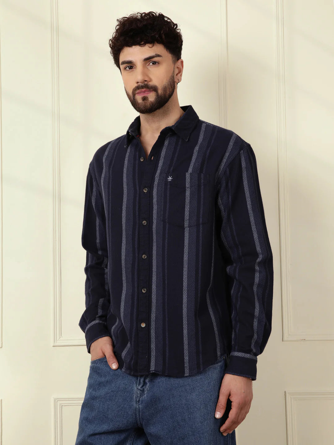 Textured Stripes Comfort Fit Shirt | Navy Blue