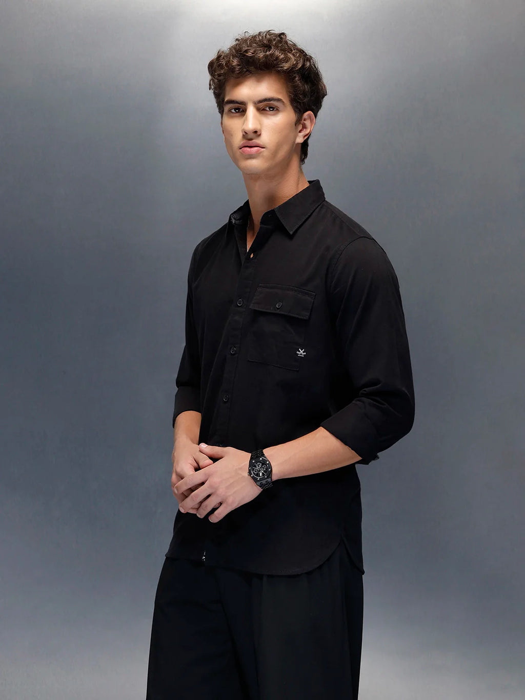 Men's casual slim fit shirt with typographic placket detail  | Black