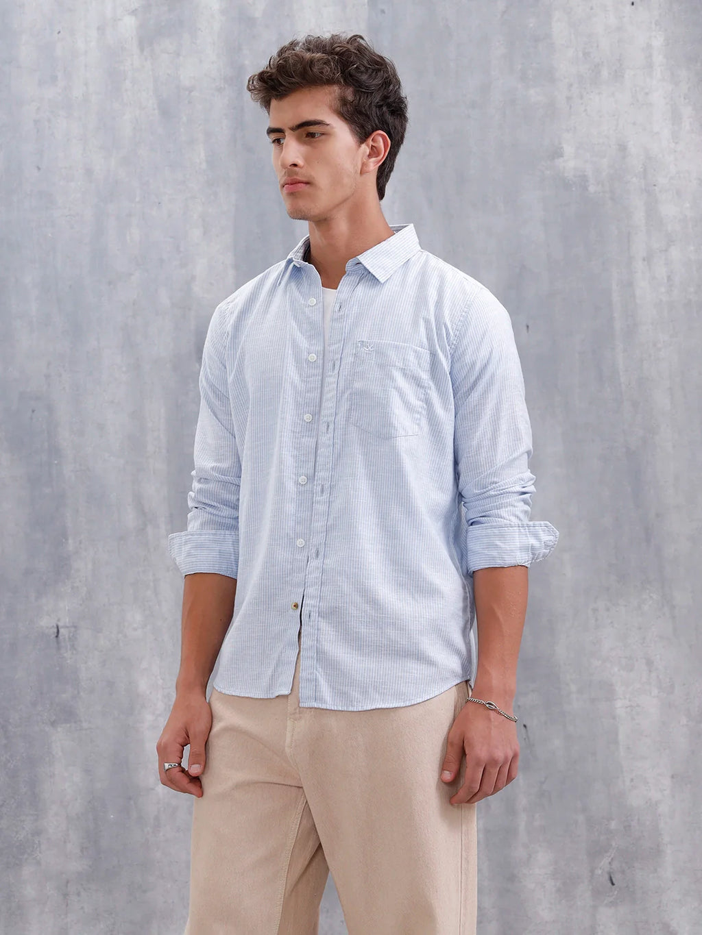 Men Casual Slim Fit Stiped Pattern Shirt | Light Blue
