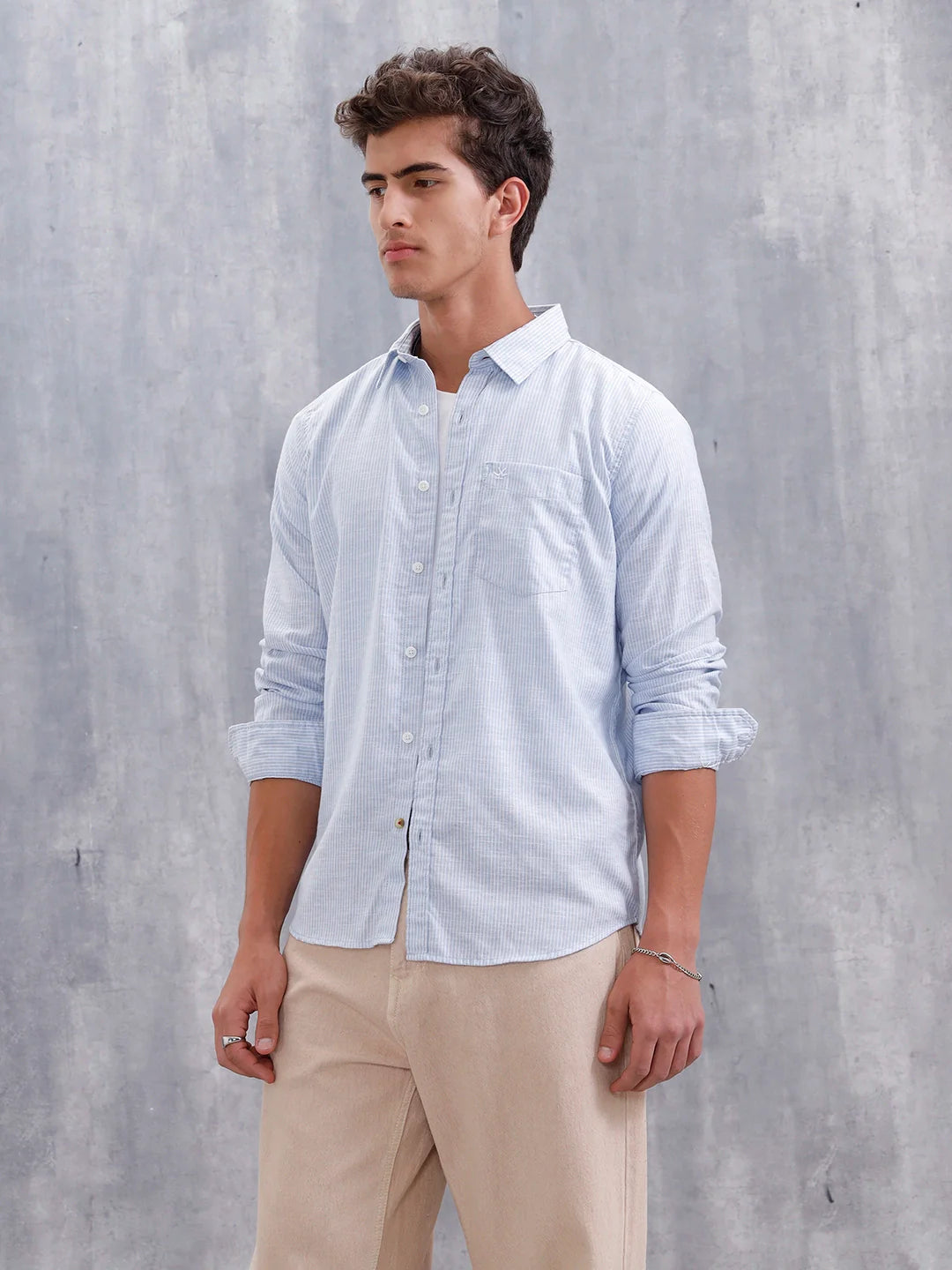 Men Casual Slim Fit Stiped Pattern Shirt | Light Blue