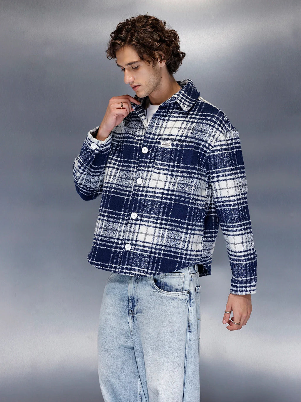 Men’s brushed bold check shacket | Navy Blue