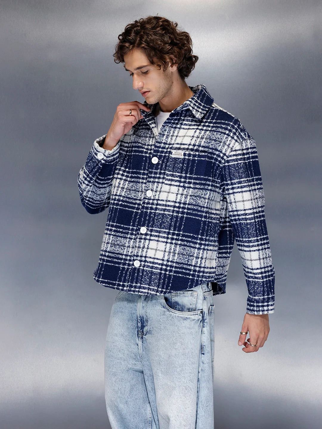 Men’s brushed bold check shacket | Navy Blue