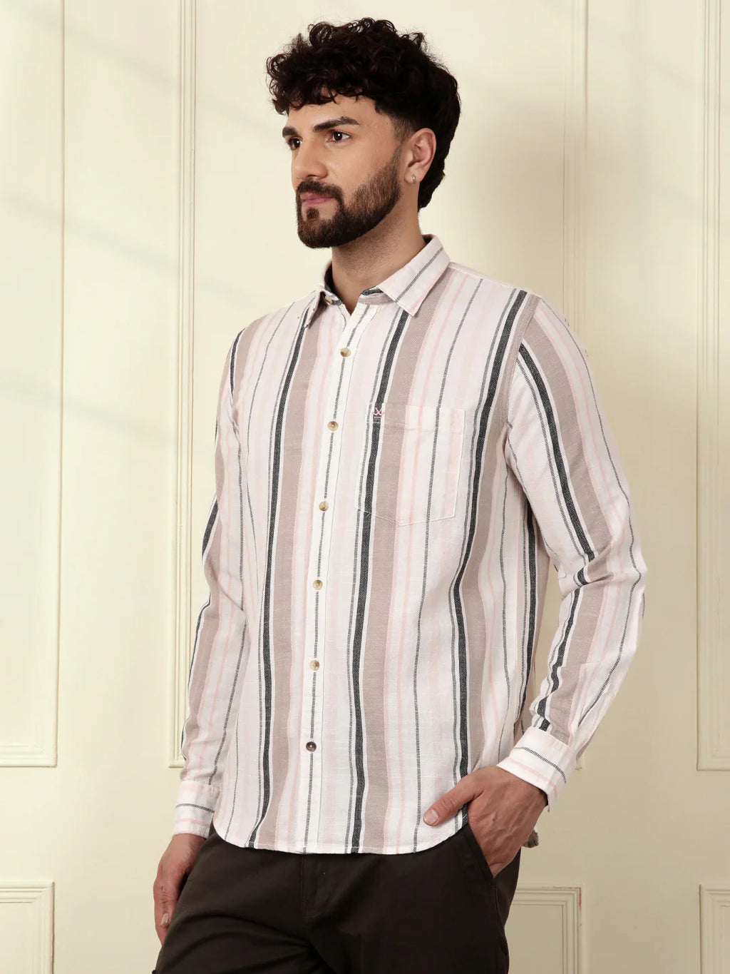 Textured Dobby Striped Shirt | Beige