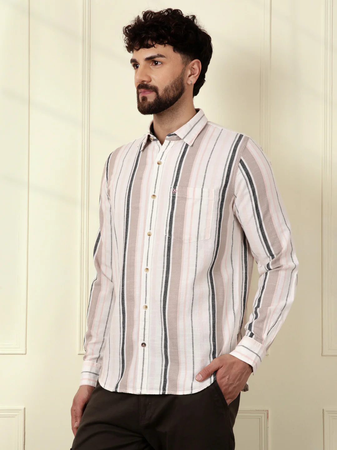 Textured Dobby Striped Shirt | Beige