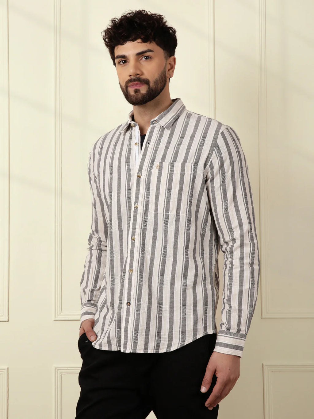Textured Stripes Cotton Shirt | Grey