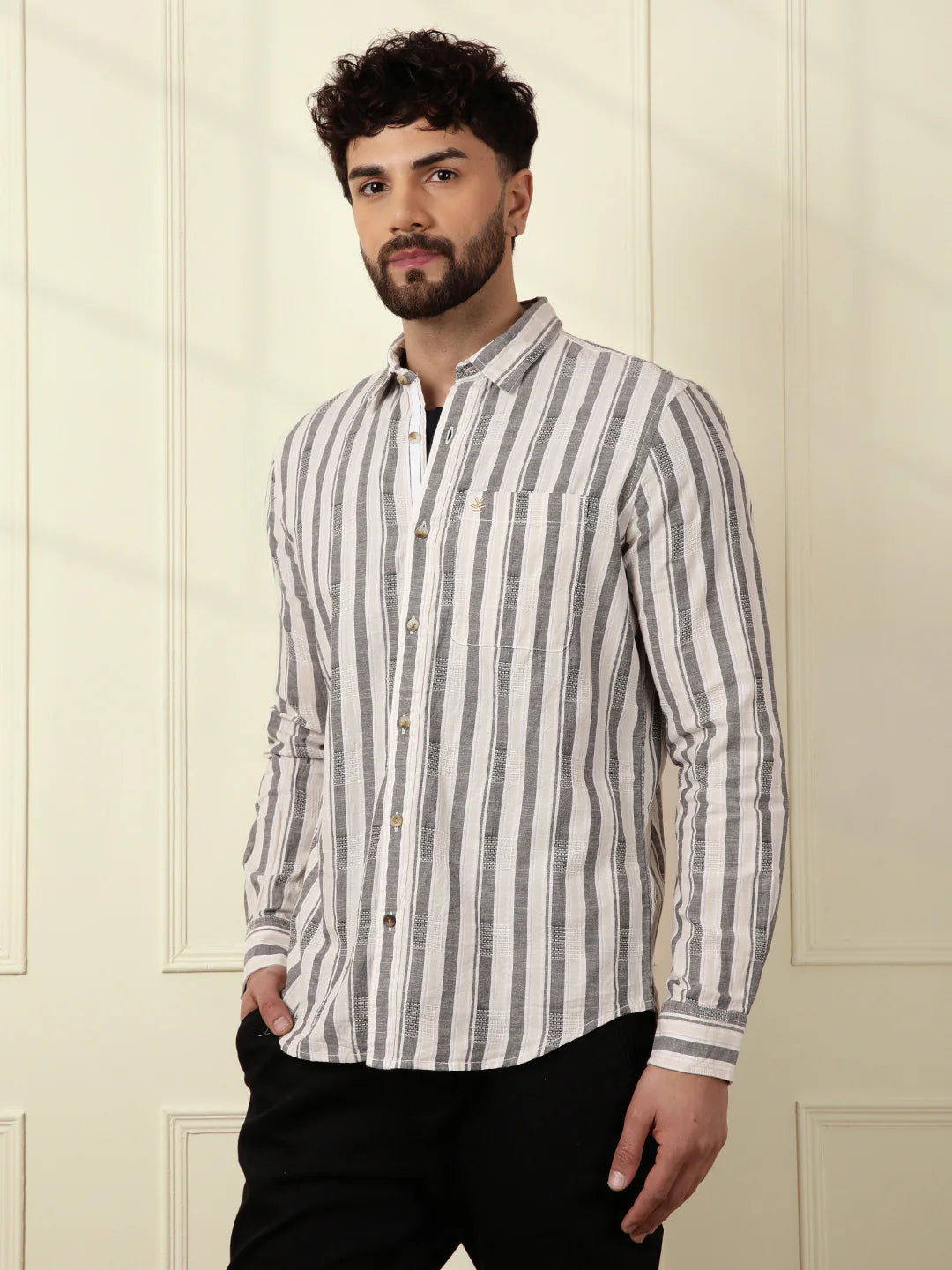 Textured Stripes Cotton Shirt | Grey