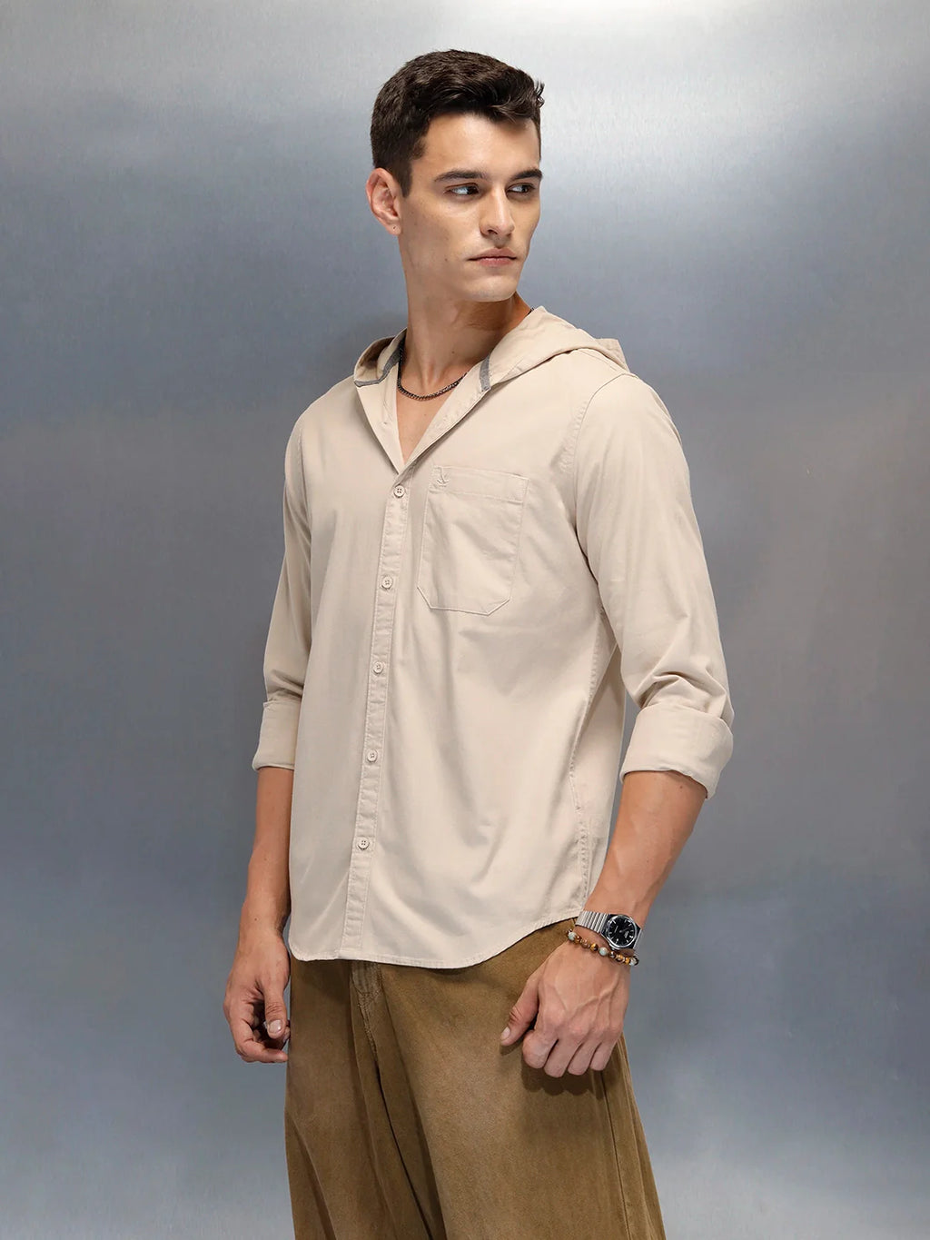 Men's Slim Fit Casual Hooded Shirt | Brown