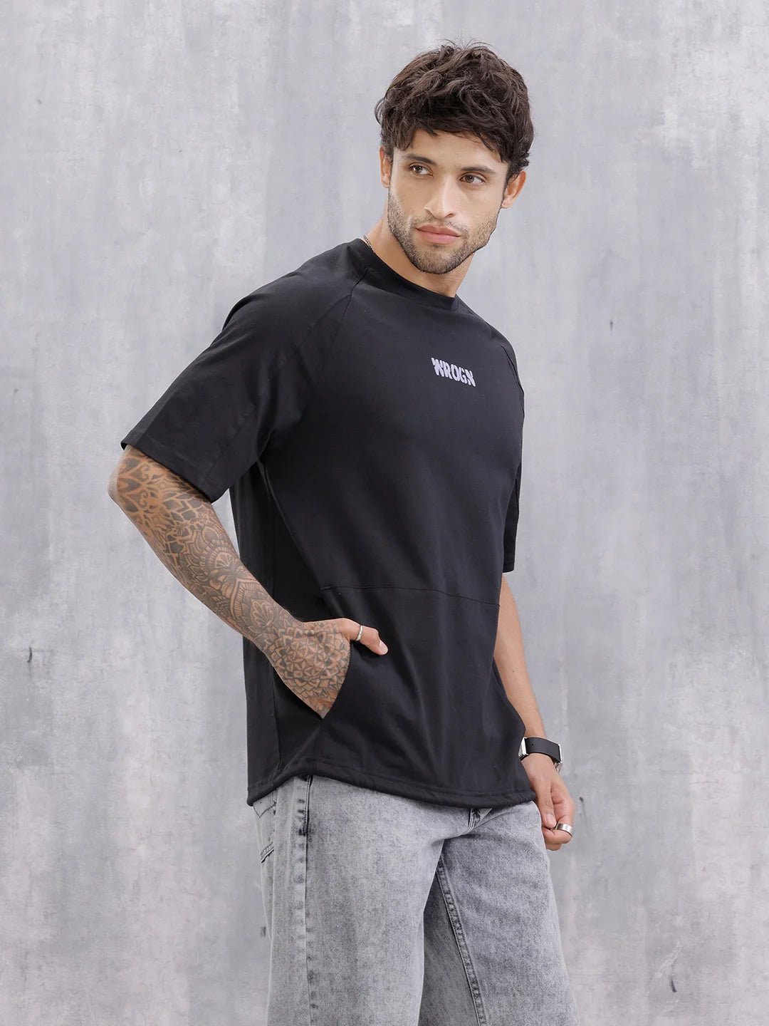 Tonal Cut&Sew Oversized Fit T-shirt With Patch Pocket And Elasticated Bottom Hem | Black