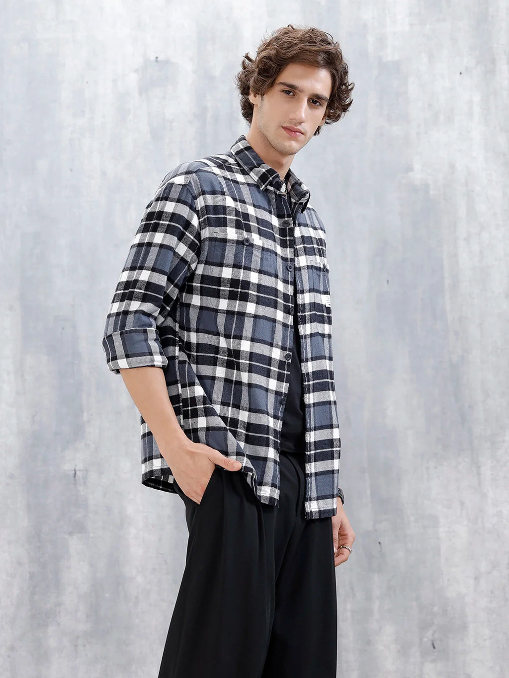 Wrogn Men's Oversized Checks Shirt | Grey