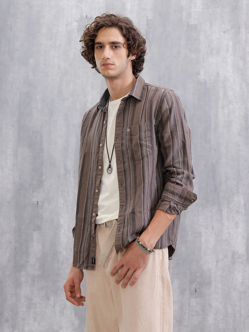 Textured Stripes Slim Fit Shirt | Brown