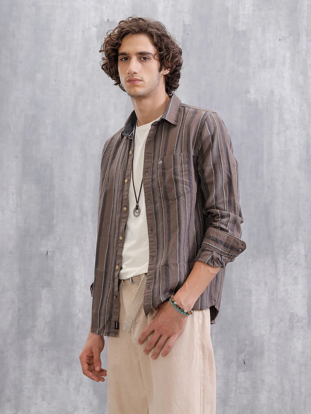 Textured Stripes Slim Fit Shirt | Brown