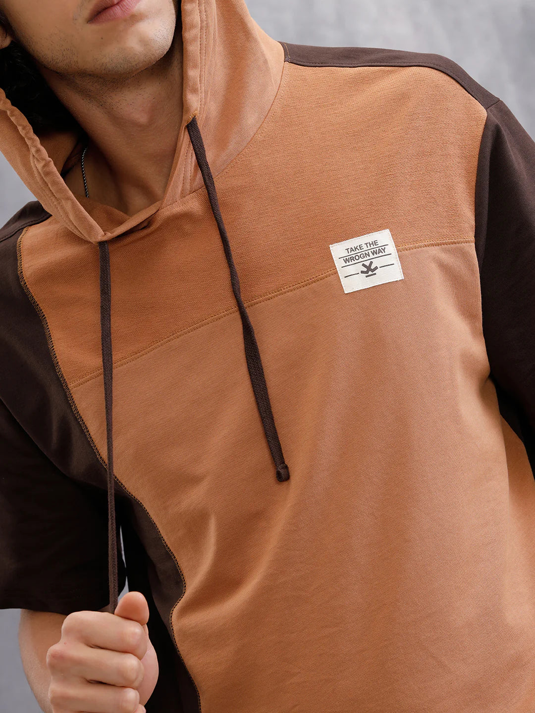 Asymmetrical Colorblocked Textured Hoodie With Printed Canvas Patch | Brown